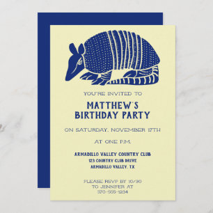 Navy Blue and Cream Armadillo Personalised Party Invitation