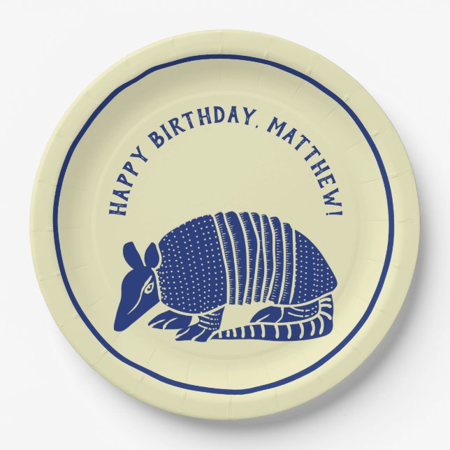 Navy Blue and Cream Armadillo Personalised Party Paper Plate (Front)