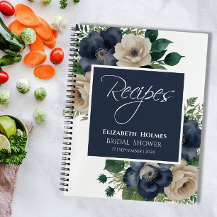 Navy Blue and Cream Floral Bridal Shower Recipe Notebook