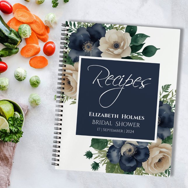 Navy Blue and Cream Floral Bridal Shower Recipe Notebook (Creator Uploaded)