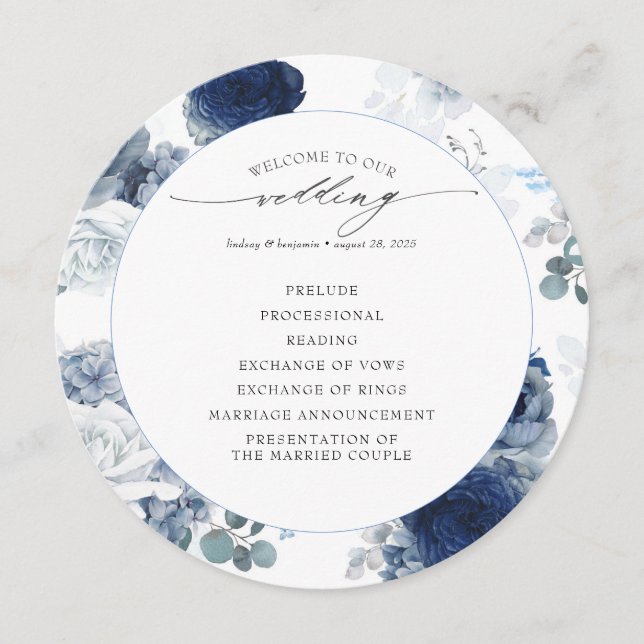 Navy Blue and Dusty Blue Floral Wedding Program Programme (Front)