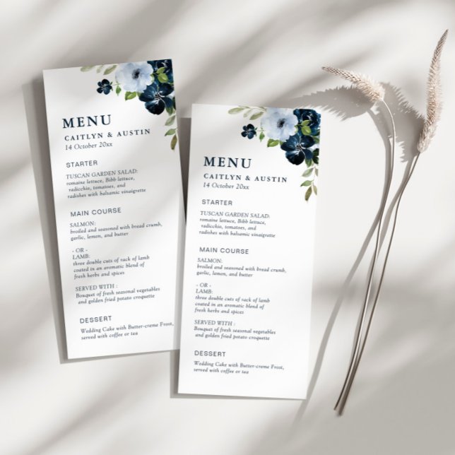 Navy blue and dusty blue wedding menu (Creator Uploaded)