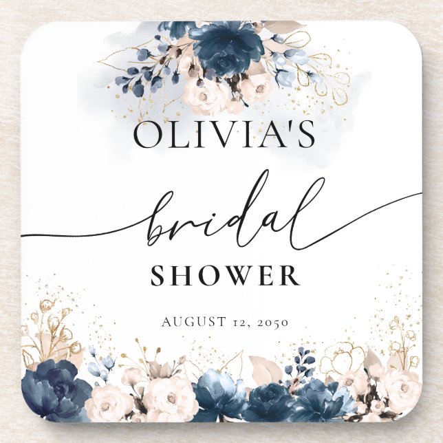 Navy Blue and Dusty Bridal Shower beverage coaster (Front)