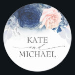 Navy Blue and Dusty Pink Floral Wedding Classic Round Sticker<br><div class="desc">Elegant floral wedding stickers</div>