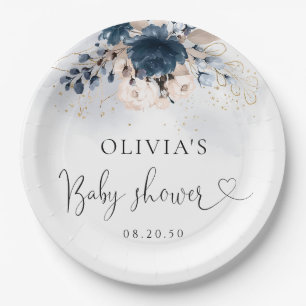 Navy Blue and Dusty Rose Baby Shower Paper Plate