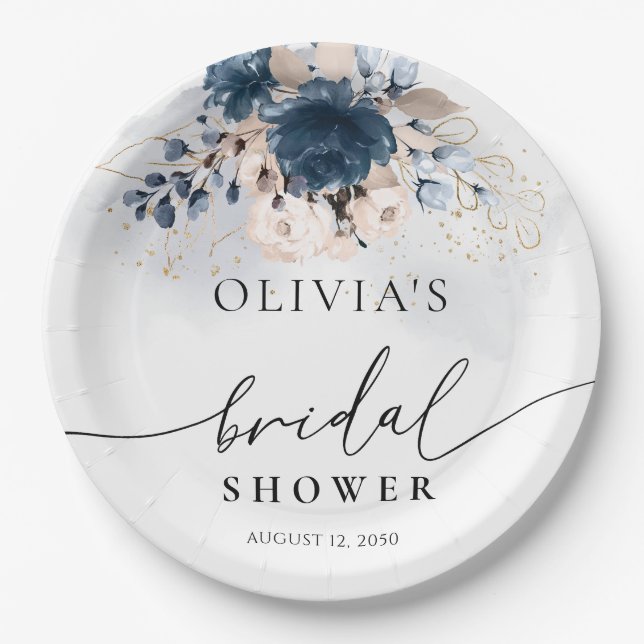 Navy Blue and Dusty Rose Bridal Shower Paper Plate (Front)