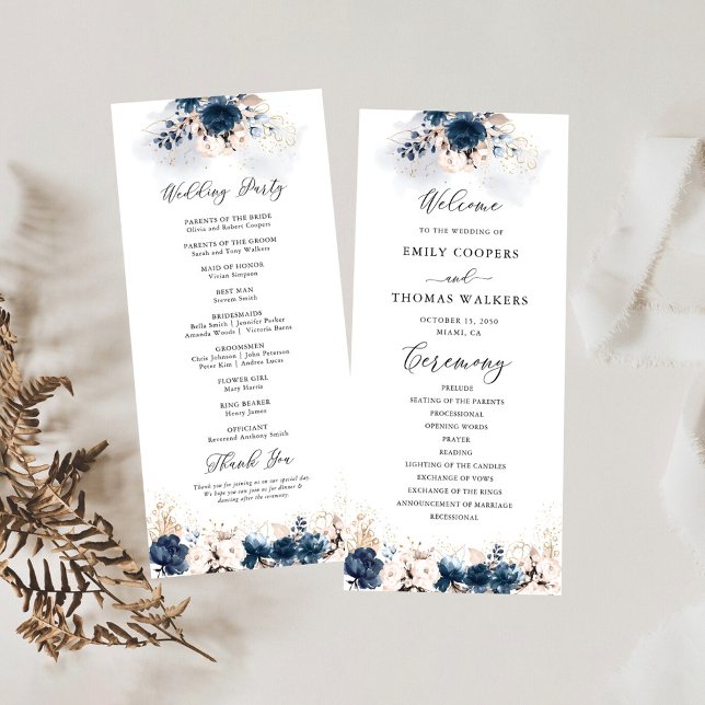 Navy Blue and Dusty Rose Wedding Program Programme (Creator Uploaded)