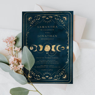 Navy Blue and Faux Gold Elegant Celestial Wedding Invitation