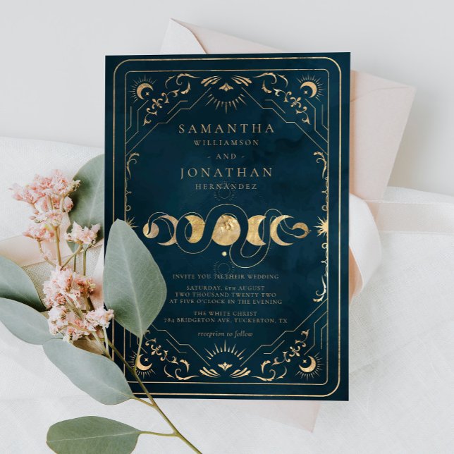 Navy Blue and Faux Gold Elegant Celestial Wedding Invitation (Creator Uploaded)