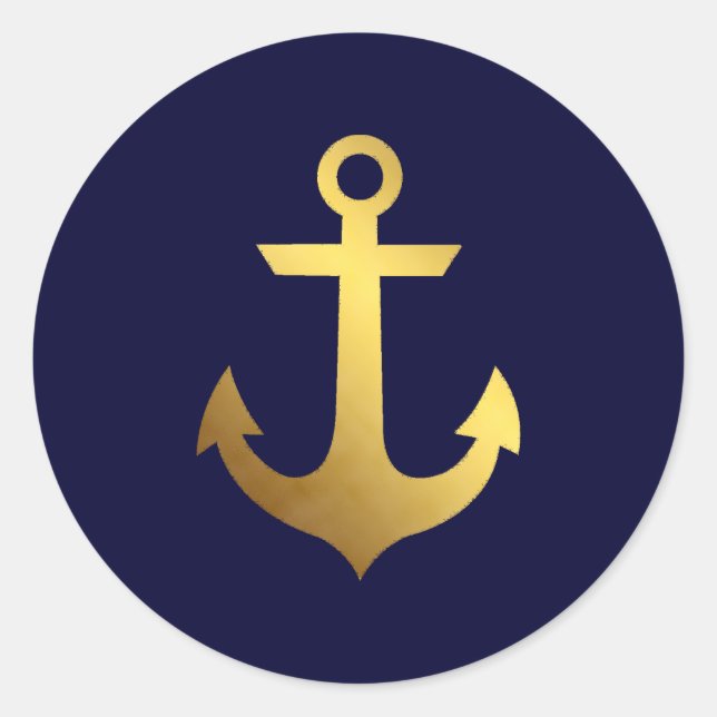 Navy Blue and Faux Gold Foil Anchor Classic Round Sticker (Front)