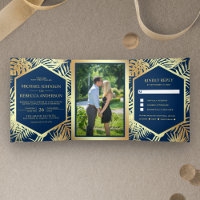 Navy Blue and Faux Gold Foil Tropical Palm Wedding