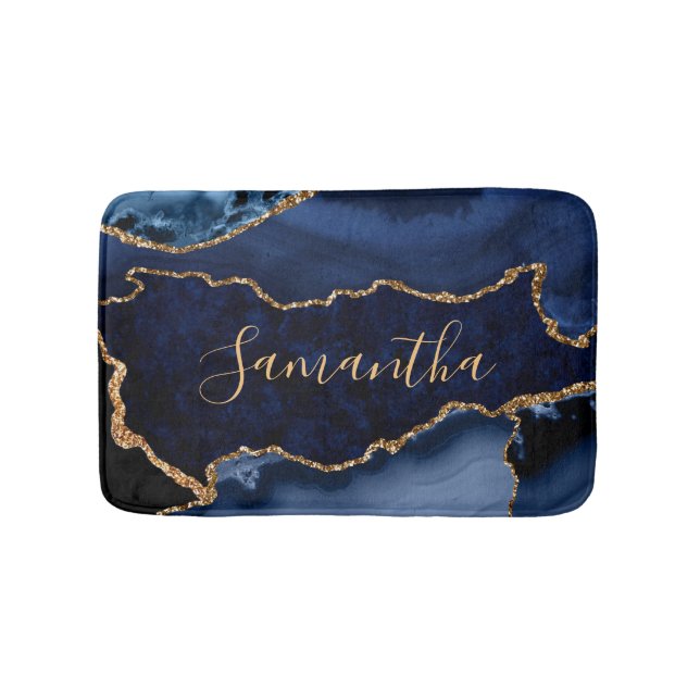 Navy Blue and Faux Gold Glitter Marble Agate Bath Mat (Front)
