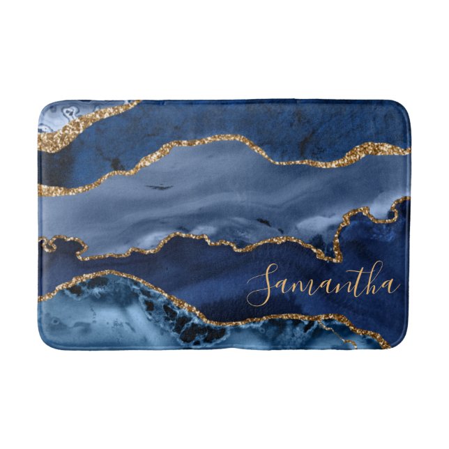 Navy Blue and Faux Gold Glitter Marble Agate Bath Mat (Front)