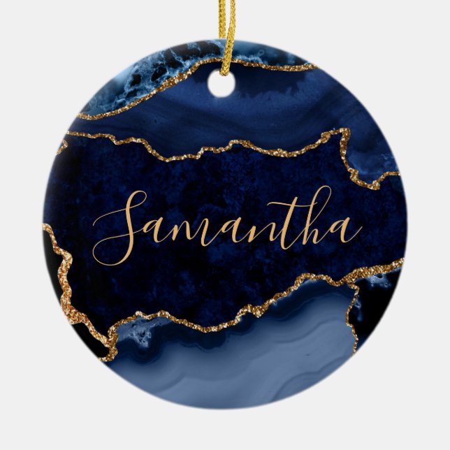Navy Blue and Faux Gold Glitter Marble Agate Ceramic Tree Decoration (Front)