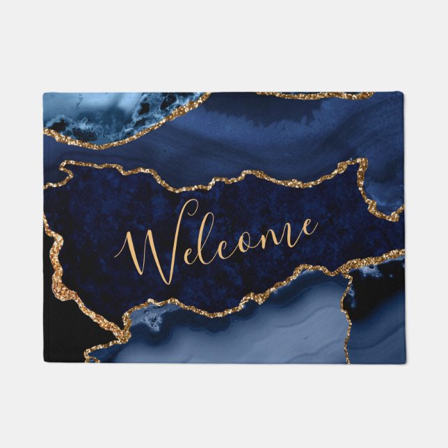Navy Blue and Faux Gold Glitter Marble Agate Doormat (Front)