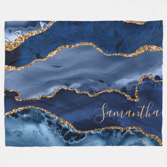 Navy Blue and Faux Gold Glitter Marble Agate Fleece Blanket (Front (Horizontal))