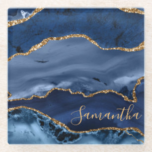 Navy Blue and Faux Gold Glitter Marble Agate Glass Coaster
