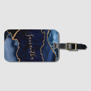 Navy Blue and Faux Gold Glitter Marble Agate Luggage Tag