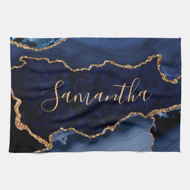 Navy Blue and Faux Gold Glitter Marble Agate Tea Towel (Horizontal)