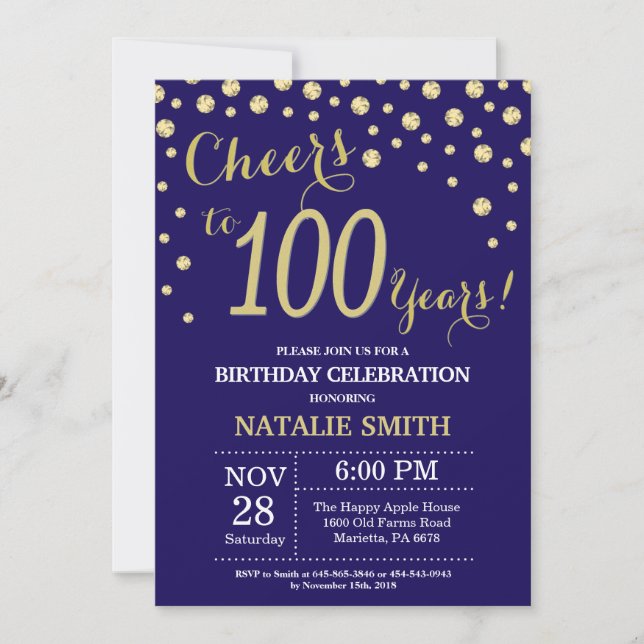 Navy Blue and Gold 100th Birthday Diamond Invitation (Front)