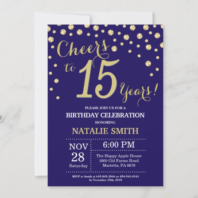 Navy Blue and Gold 15th Birthday Diamond Invitation (Front)