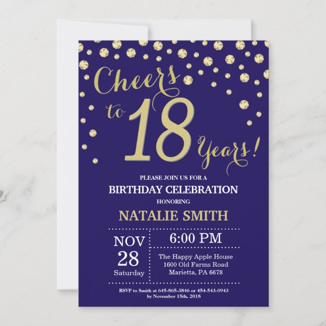 Navy Blue and Gold 18th Birthday Diamond Invitation (Front)