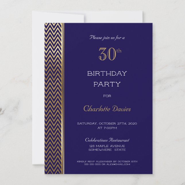 Navy Blue and Gold 30th Birthday Party Invitation (Front)