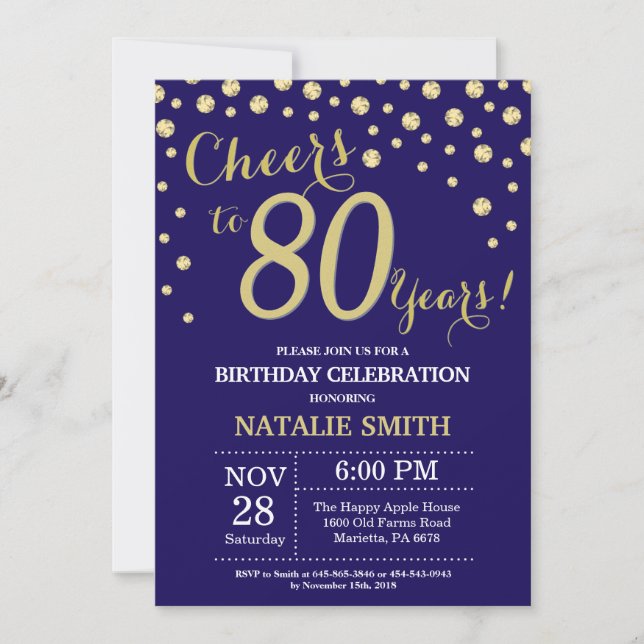 Navy Blue and Gold 80th Birthday Diamond Invitation (Front)