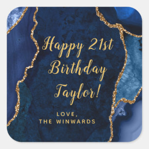 Navy Blue and Gold Agate Happy Birthday Square Sticker