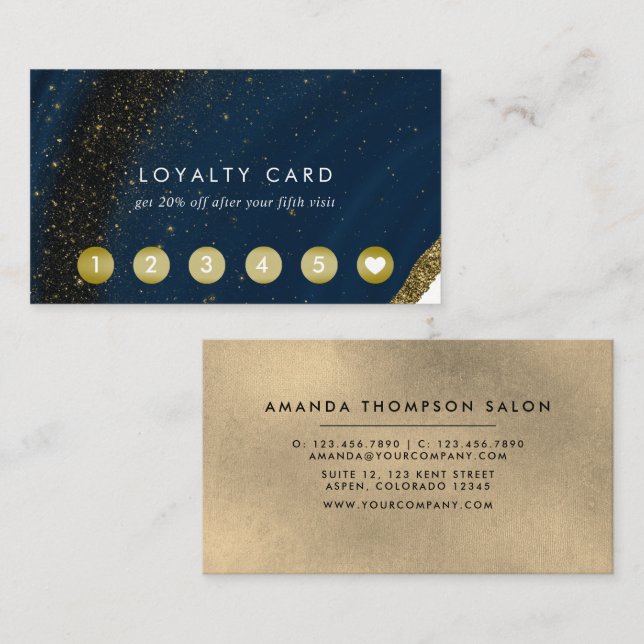 Navy Blue and Gold Agate Loyalty Card (Front/Back)
