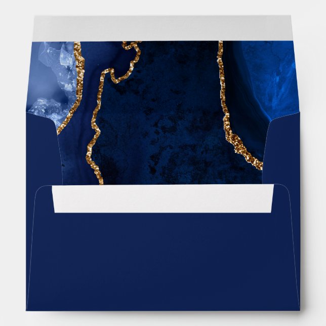 Navy Blue and Gold Agate Marble Birthday Party Envelope (Back (Bottom))