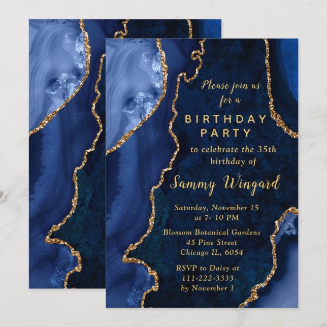 Navy Blue and Gold Agate Marble Birthday Party Invitation (Front/Back)