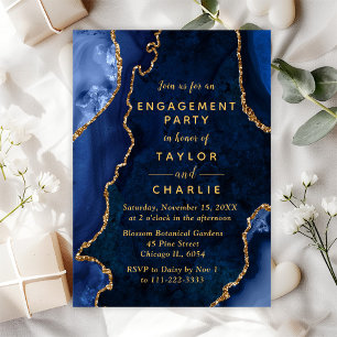 Navy Blue and Gold Agate Marble Engagement Party Invitation