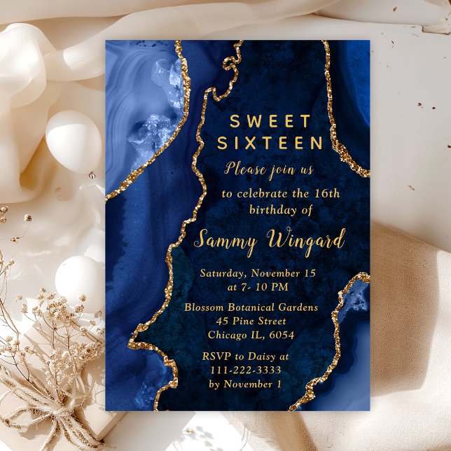 Navy Blue and Gold Agate Marble Sweet Sixteen Invitation (Creator Uploaded)