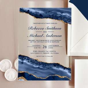 Navy Blue and Gold Agate Marble Wedding Acrylic Invitations