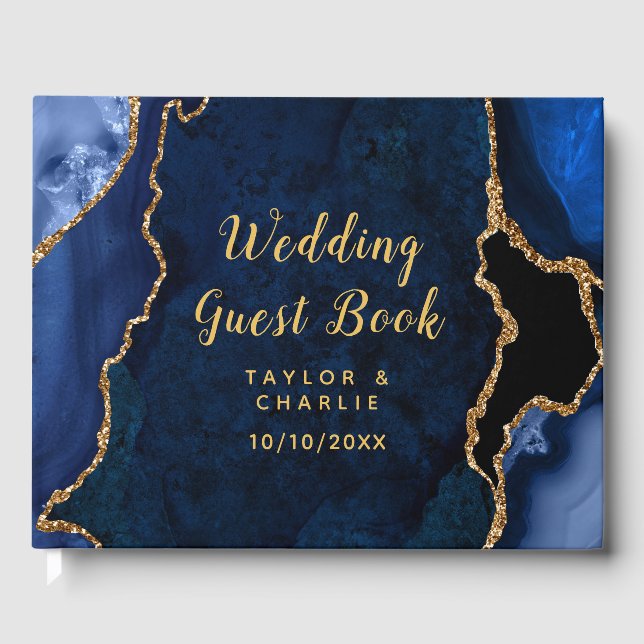 Navy Blue and Gold Agate Marble Wedding Guest Book (Front)