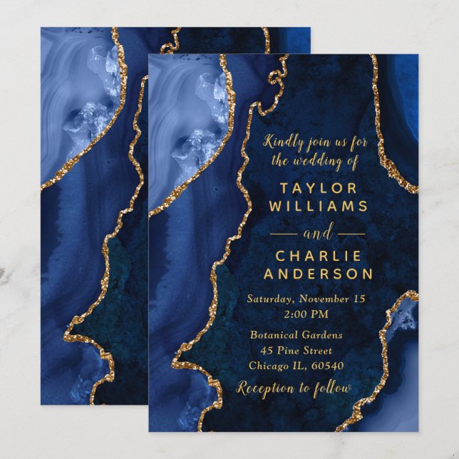 Navy Blue and Gold Agate Marble Wedding Invitation (Front/Back)