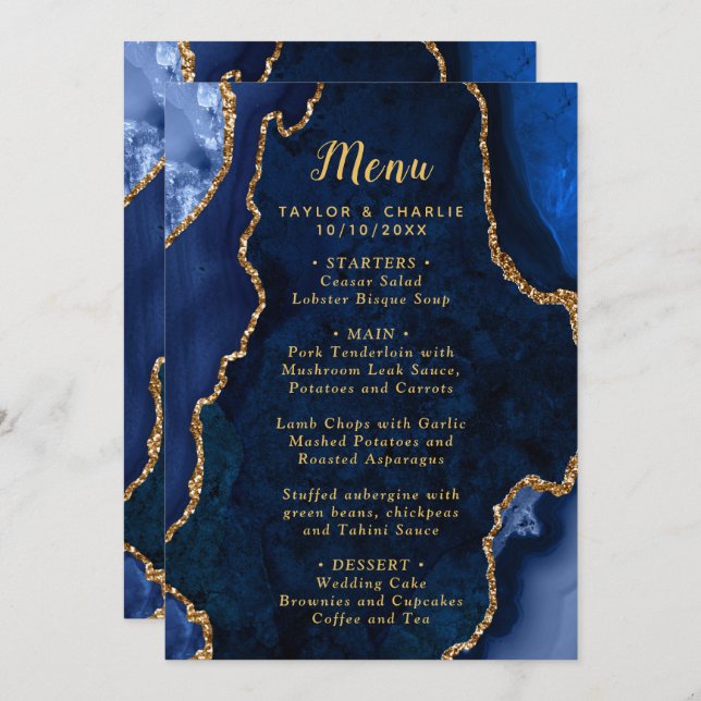 Navy Blue and Gold Agate Marble Wedding Menu (Front/Back)