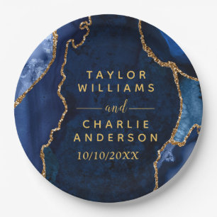 Navy Blue and Gold Agate Marble Wedding Paper Plate