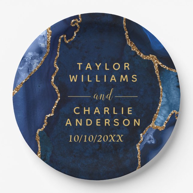 Navy Blue and Gold Agate Marble Wedding Paper Plate (Front)