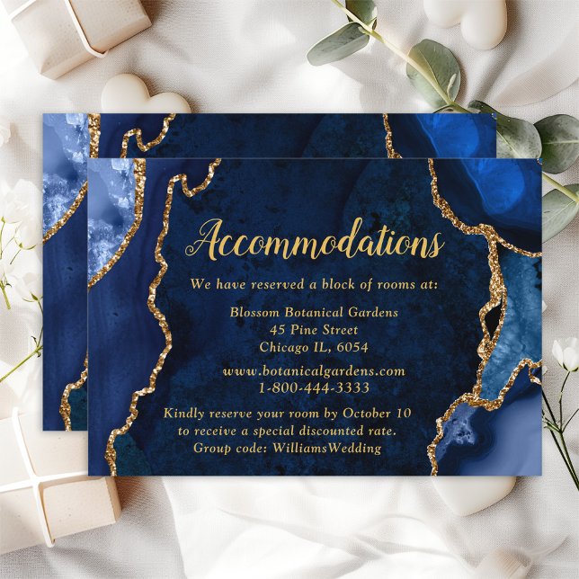 Navy Blue and Gold Agate Wedding Accommodations Enclosure Card (Creator Uploaded)
