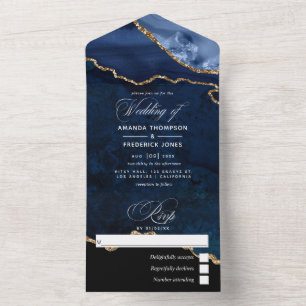 Navy Blue and Gold Agate Wedding All In One Invitation