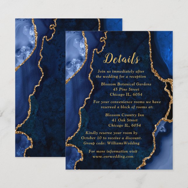 Navy Blue and Gold Agate Wedding Details Enclosure Card (Front/Back)