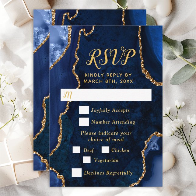 Navy Blue and Gold Agate Wedding Meal Choice RSVP Card (Creator Uploaded)
