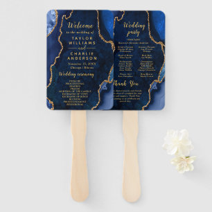 Navy Blue and Gold Agate Wedding Program Hand Fan