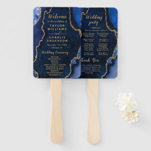 Navy Blue and Gold Agate Wedding Program Hand Fan