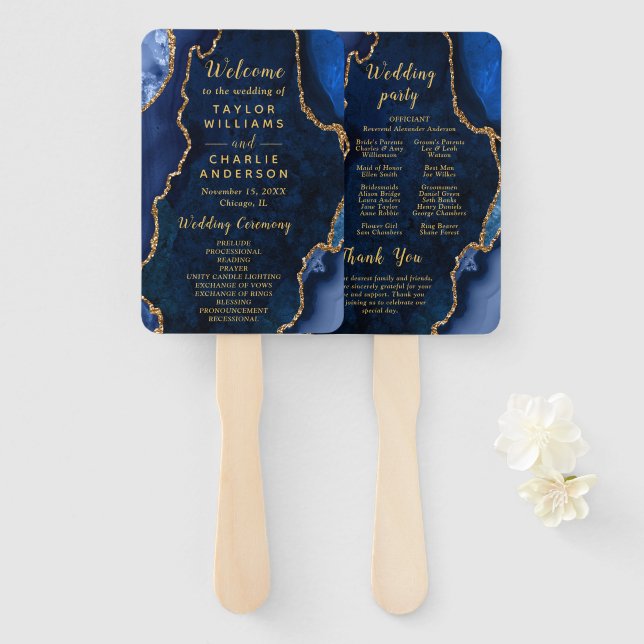Navy Blue and Gold Agate Wedding Program Hand Fan (Front and Back)