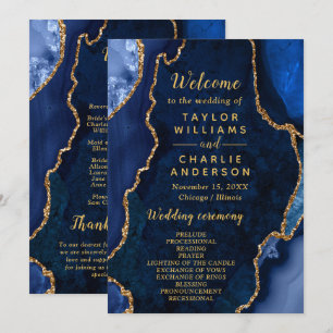 Navy Blue and Gold Agate Wedding Program Programme
