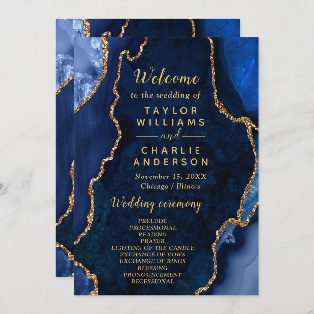 Navy Blue and Gold Agate Wedding Program Programme (Front/Back)