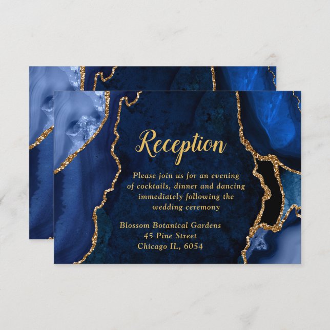 Navy Blue and Gold Agate Wedding Reception Enclosure Card (Front/Back)